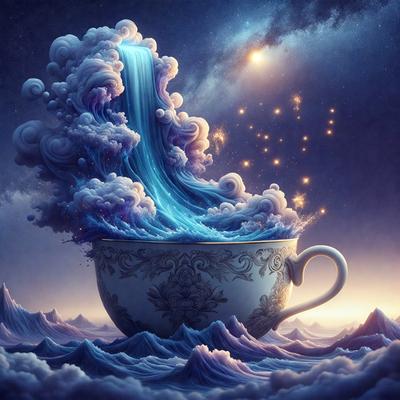The primary subject of the image is a cup, which is the main object in the scene. The cup is filled with a blue liquid, and it is placed in a setting that includes a waterfall and a starry night sky. The visual style of the image is digital art, as it is a detailed and intricate illustration. The dominant colors in the image are blue and purple, creating a serene and calming atmosphere.